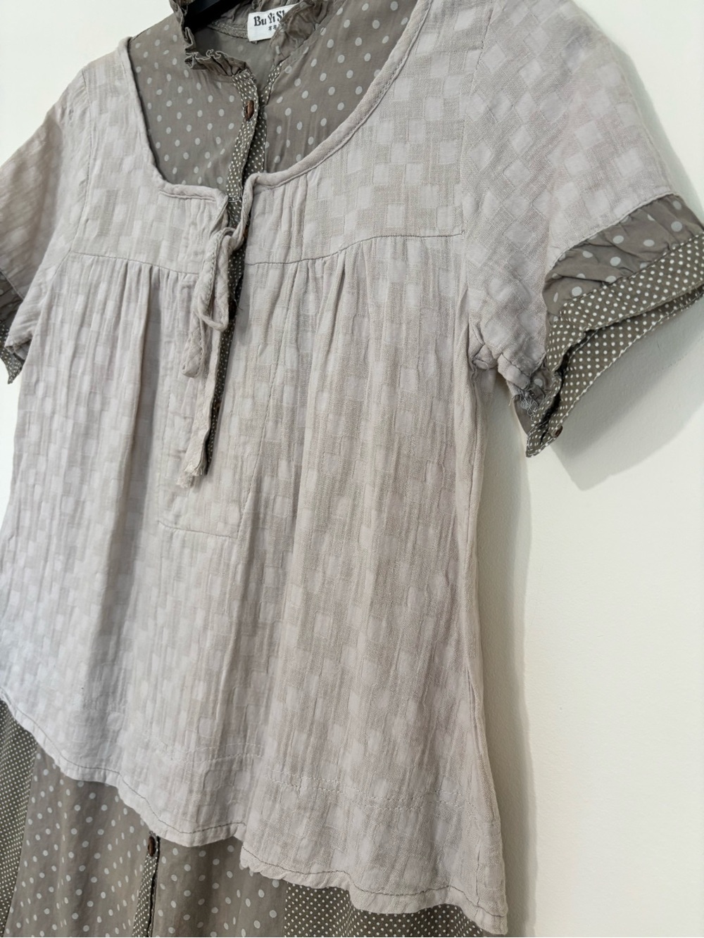 Vintage 90's boho slouchy cottage colorblock short sleeve layered mini dress - Picture 4 of 14